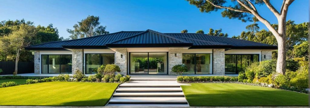 ArchiCrea X2 - Modele Maison Plain pied sur mesure avec décroché, toiture 4 pans, moderne, design, grandes baies vitrées, parement pierre