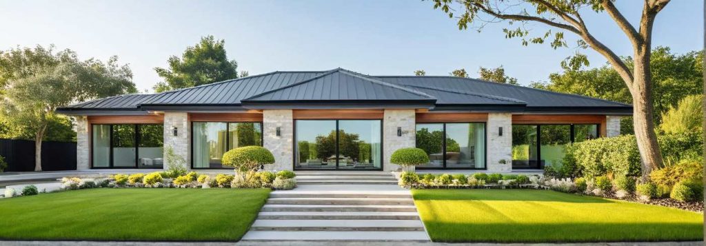 ArchiCrea X2 - Modele Maison Plain pied sur mesure avec décroché, toiture 4 pans, moderne, design, grandes baies vitrées, parement pierre et bardage bois