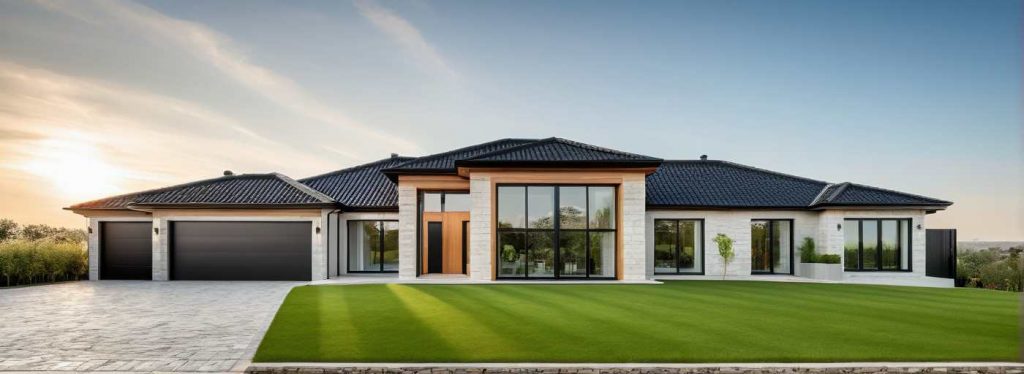 ArchiCrea X3 - modèle maison plain pied haut de gamme sur mesure d'architecte, parement pierre, bardage bois, toiture 4 pans design moderne