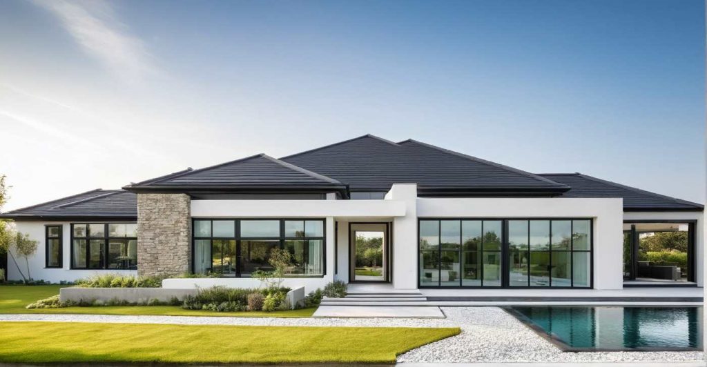 ArchiCrea X3 - modèle maison 4 pans moderne design sur mesure, avec décroché toit plat et grandes baies vitrées effet verrière, parement pierre et enduit blanc