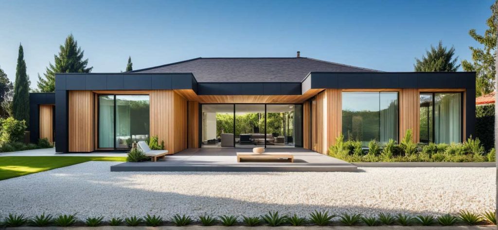 ArchiPatio PP4 - Maison Plain Pied en U avec Patio Moderne Design 4 pans et Toit Plat