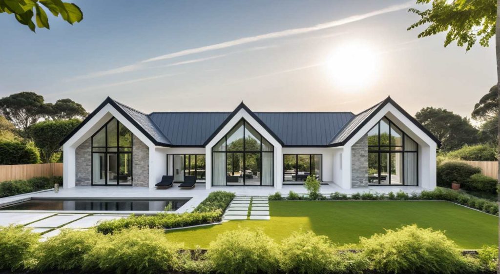 ArchiPatio PP7 - maison de plain pied moderne design avec baie biseau triangle sur vide sur séjour, chambre toute hauteur, cuisine toute hauteur, enduit blanc et parement pierre