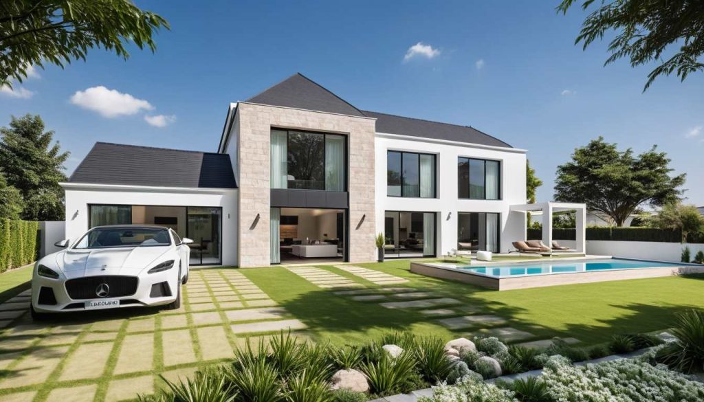 ArchiStyle L1 - maison en L 4 pans moderne design et parement pierre