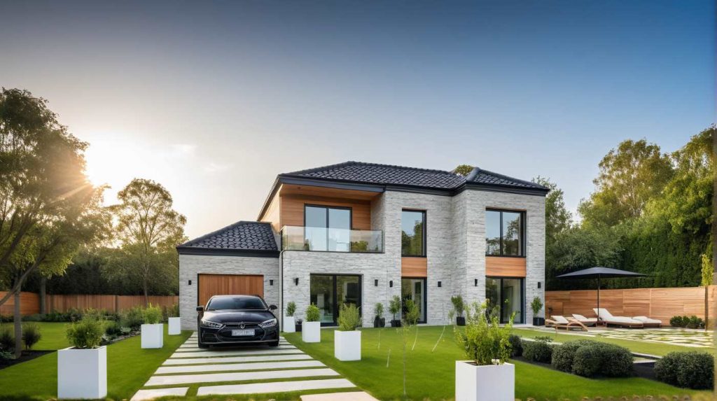 ArchiStyle L3 - maison en L, toit 4 pans, moderne, design, parement pierre, bardage bois, balcon