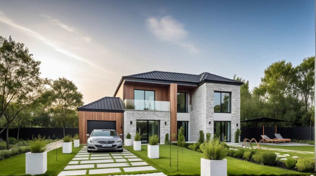 ArchiStyle L3 - maison en L, toit 4 pans, moderne, design, parement pierre, bardage bois, balcon