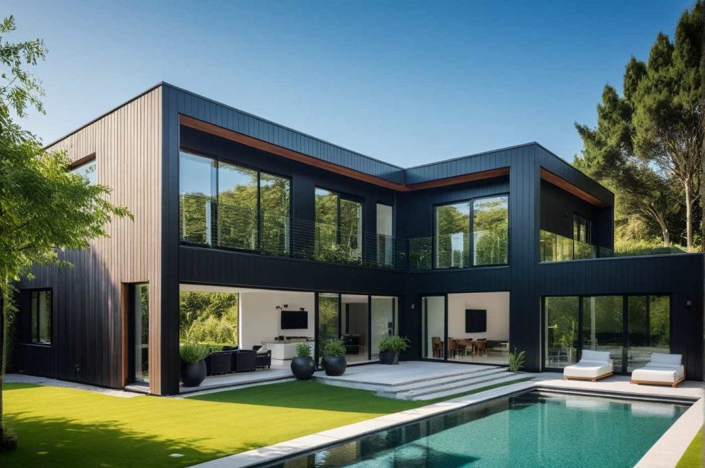 ArchiStyle L4 - maison en L toit plat, bardage bois anthracite ou zinc