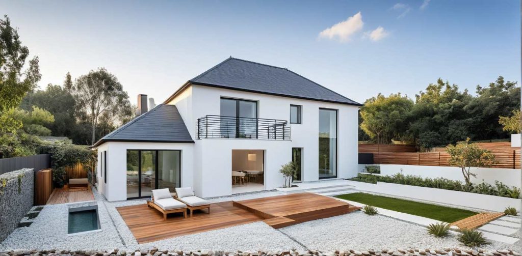 ArchiStyle LB1 - Maison en L 4 pans moderne design avec balcon et baie toute hauteur