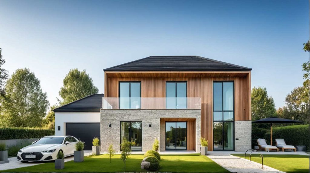 ArchiStyle LB2 - maison en L moderne bardage bois et parement pierre