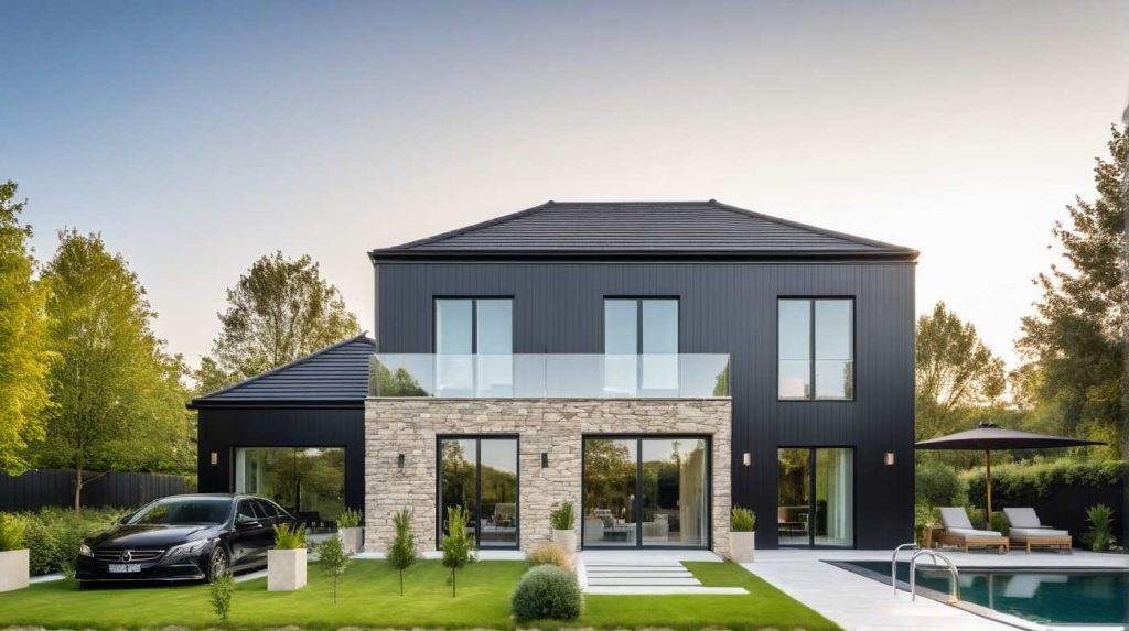 ArchiStyle LB2 - maison en L 4 pans moderne bardage anthracite, zinc et parement pierre