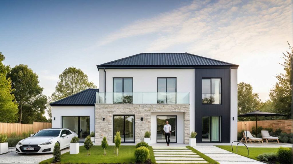 ArchiStyle LB2 - maison en L 4 pans moderne bardage anthracite, zinc et parement pierre