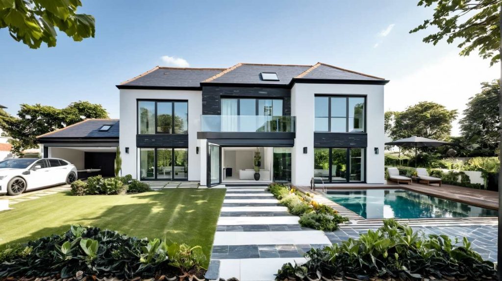 ArchiStyle S1 - maison à étage 4 pans moderne design avec décroché, balcon, effet baie toute hauteur et enduit blanc et noir ou anthracite