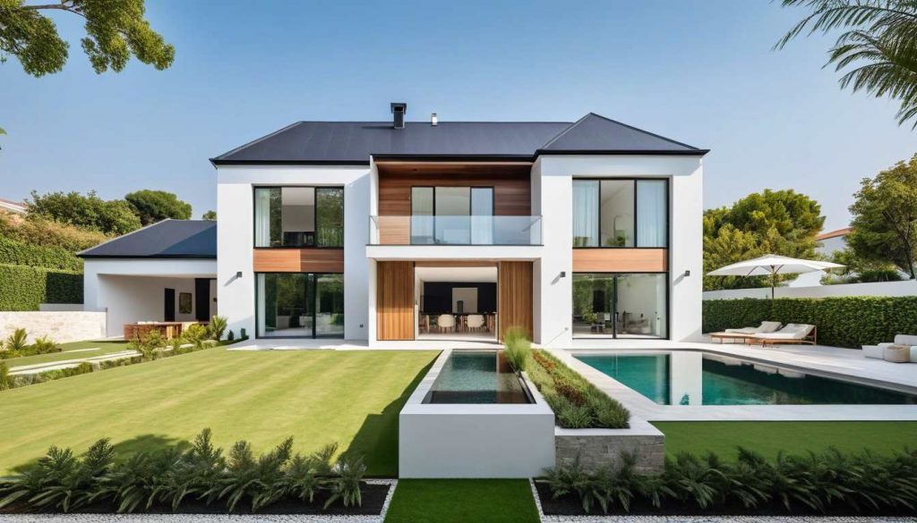 ArchiStyle S1 - maison à étage 4 pans moderne design avec décroché, balcon, effet baie toute hauteur et bardage bois