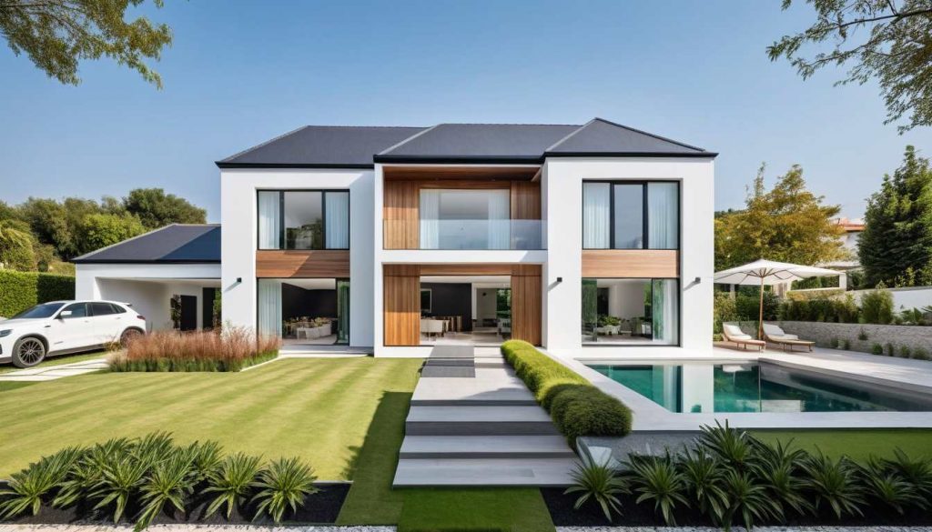 ArchiStyle S1 - maison à étage 4 pans moderne design avec décroché, balcon, effet baie toute hauteur et bardage bois