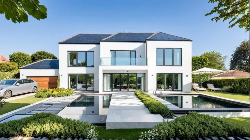ArchiStyle S1 - maison à étage 4 pans moderne design avec décroché, balcon, effet baie toute hauteur et enduit blanc