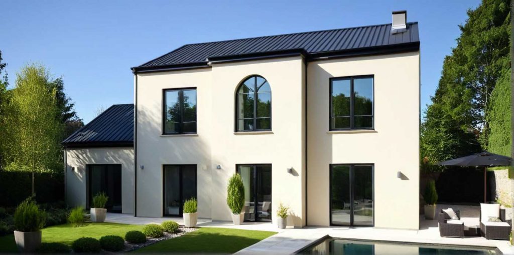 ArchiStyle T1 4 pans Cintré - Maison à étage en T design avec fenêtre cintrée et porche rentrant
