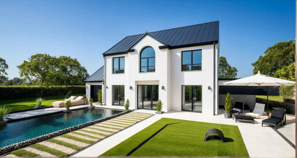 ArchiStyle T1 2 pans Cintré - Maison à étage en T design avec fenêtre cintrée et porche rentrant