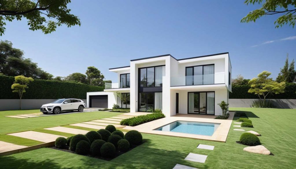 ArchiStyle TXL1 - Maison à étage en T toit plat terrasse, balcon, baie toute hauteur moderne design