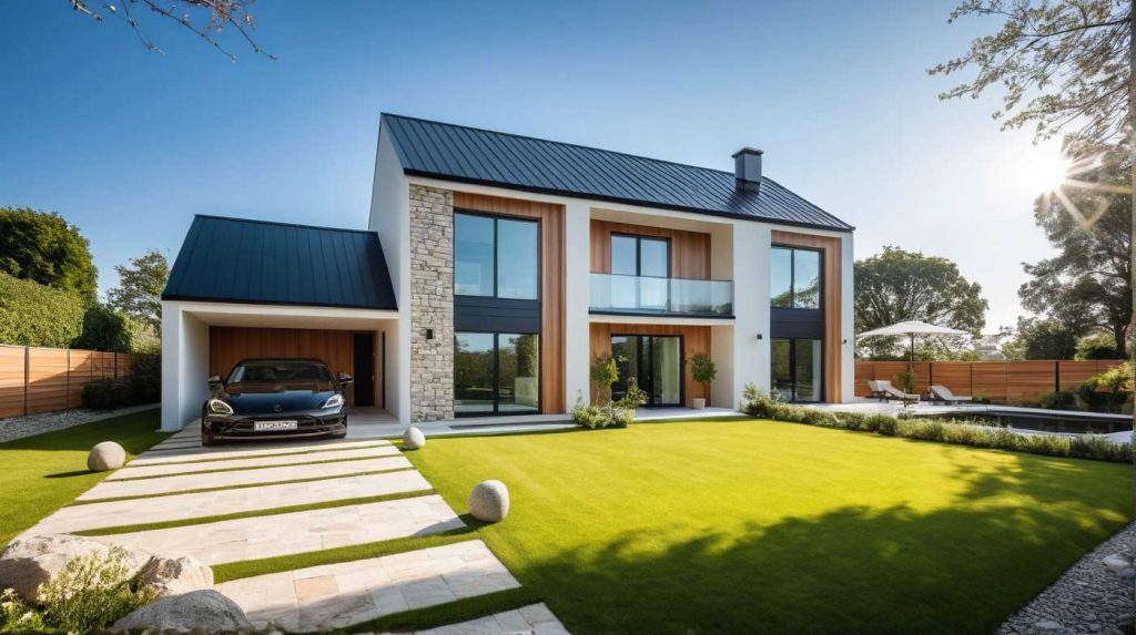 ArchiStyle US1 - maison à étage moderne design avec balcon, bardage bois et parement pierre