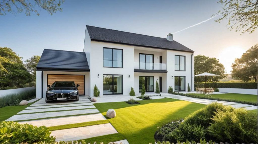 ArchiStyle US1 - maison à étage moderne design avec balcon, enduit blanc