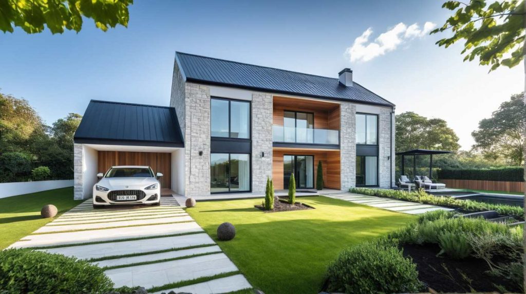 ArchiStyle US1 - maison à étage moderne design avec balcon, bardage bois et parement pierre, baie toute hauteur