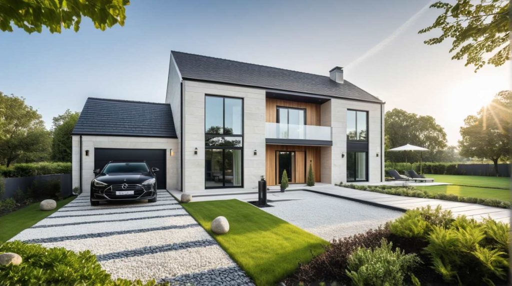 ArchiStyle US1 - maison à étage moderne design avec balcon, bardage bois, anthracite et parement pierre, baie toute hauteur