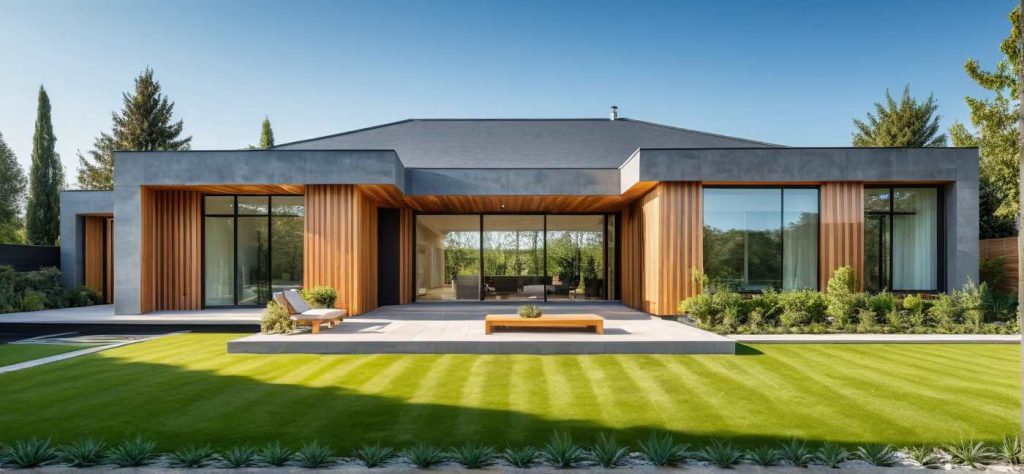 Constructeur Maison Architecte 4 pans de Plain Pied en U, bardage bois, zinc et acier