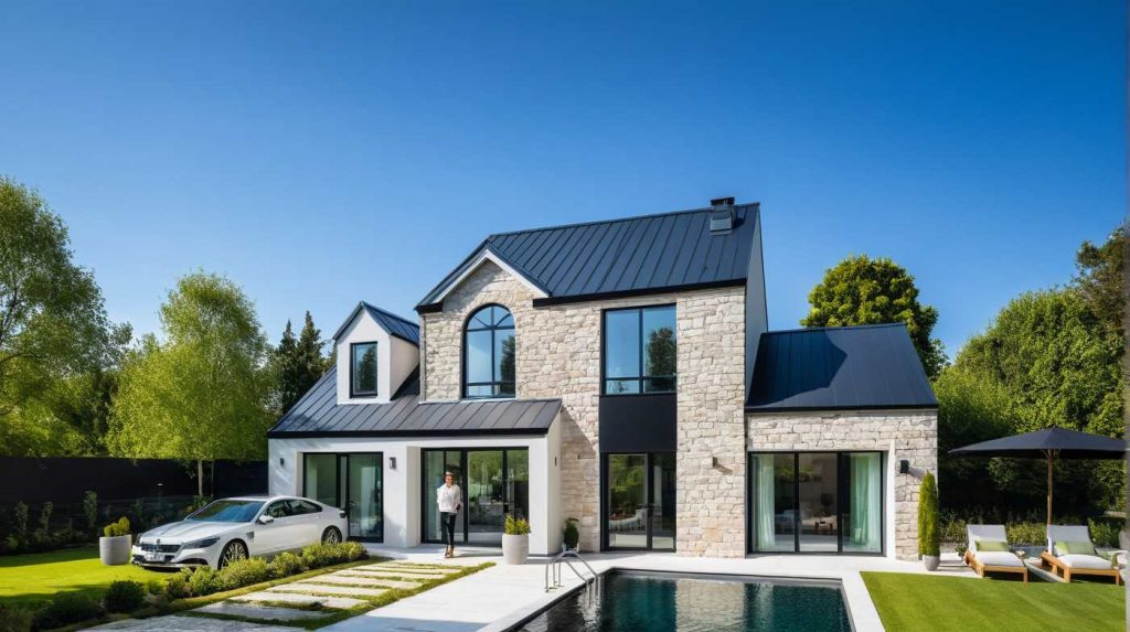 Constructeur Maison Architecte Design Moderne Contemporaine avec Baie toute hauteur et parement pierre