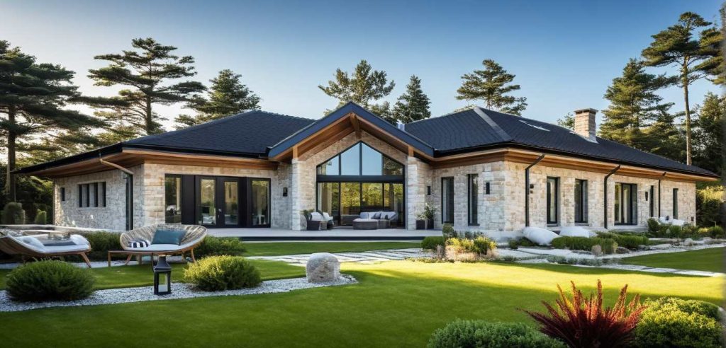 Constructeur Maison Architecte Plain Pied en V avec parement pierre et bardage bois