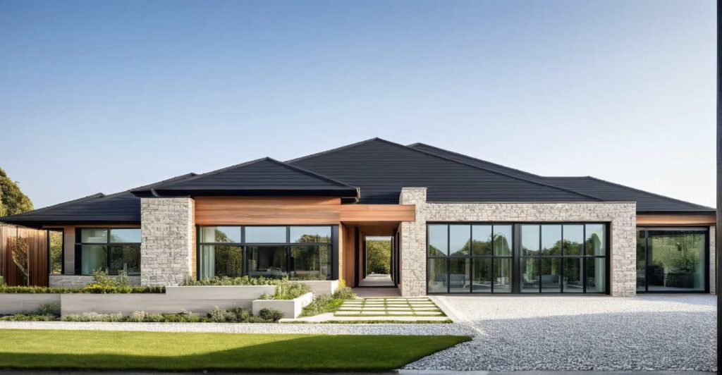 Constructeur Maison Architecte Plain Pied 4 pans moderne design grandes baies vitrées