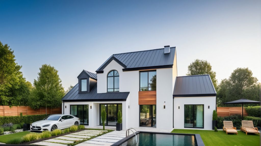 Design 3 Manoir - Maison à étage élégante de maitre chic avec baie arrondie et toute hauteur et touche de bardage bois