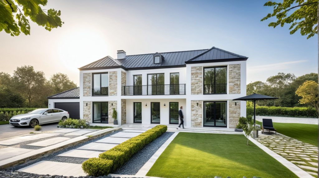 Manoir 5 U - maison de maitre neuve design avec toit 4 pans, balcon, et parement pierre