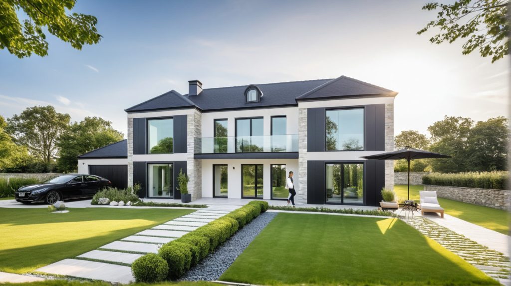 Manoir 5 U - maison de maitre neuve design avec toit 4 pans, balcon et anthracite