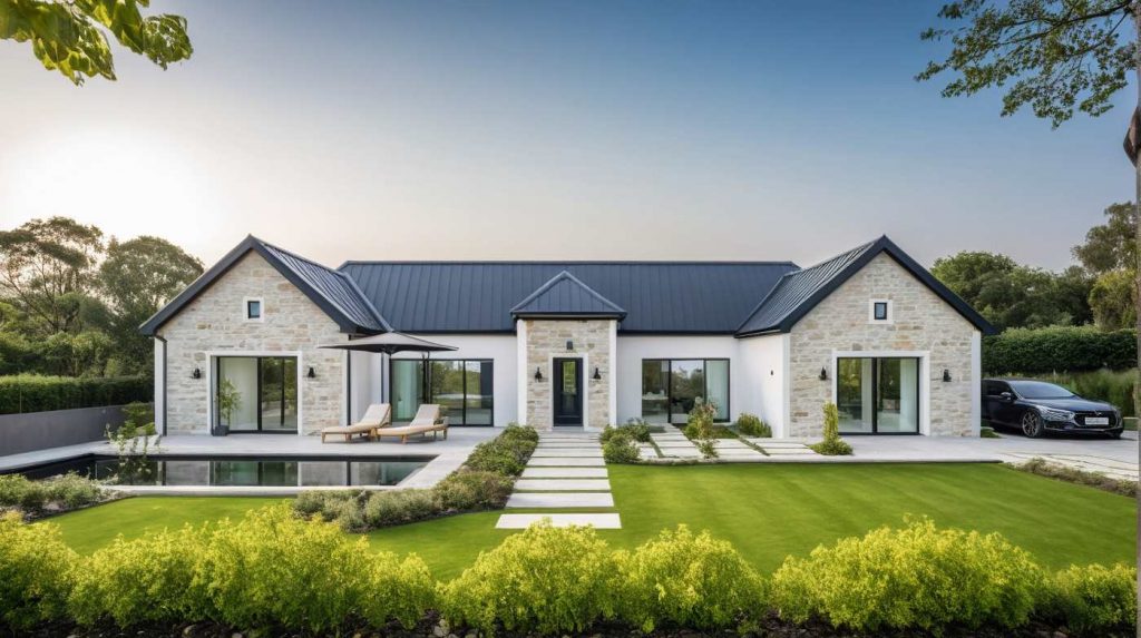 Manoir PP0 - Maison de plain pied de maitre, élégante avec tourelle en avancée et toit ardoise ou zinc et parement pierre