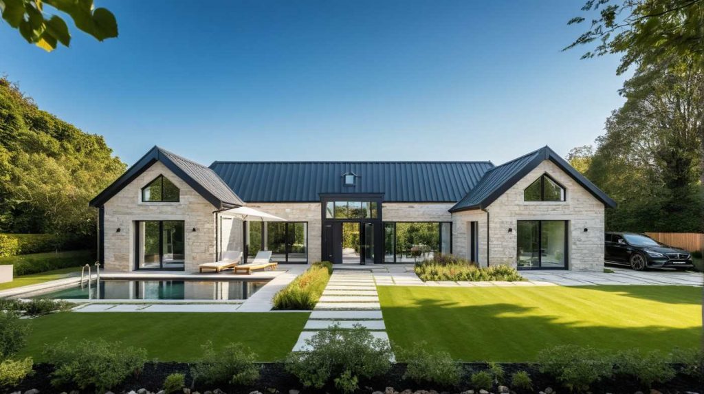 Manoir PP0 - Maison de plain pied de maitre, élégante avec toit plat verrière en avancée et toit ardoise ou zinc et parement pierre