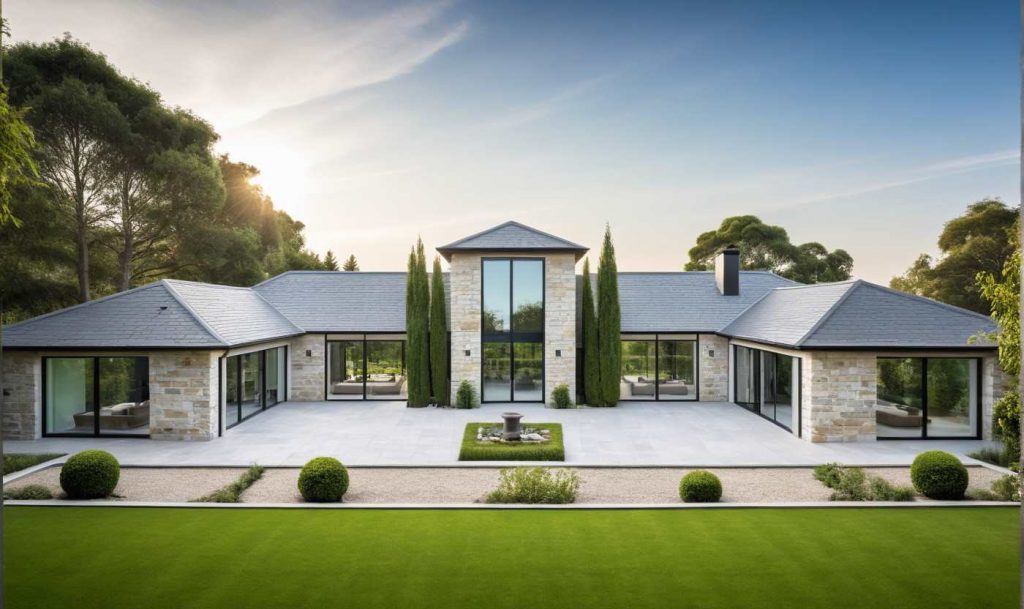 Manoir PP2 - maison de plain pied avec entrée majestueuse toute hauteur double volume, grandes baies vitrées et parement pierre et baie toute hauteur