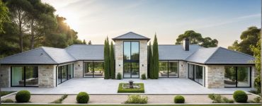 Manoir PP2 - maison de plain pied avec entrée majestueuse toute hauteur double volume, grandes baies vitrées et parement pierre et baie toute hauteur