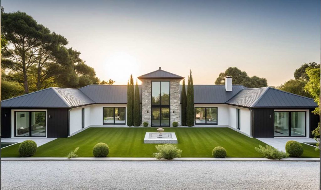Manoir PP2 - maison de plain pied avec entrée majestueuse toute hauteur double volume, grandes baies vitrées et parement pierre et enduit blanc