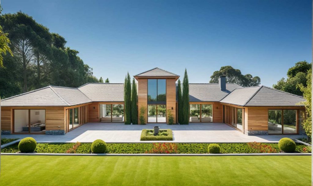 Manoir PP2 - maison de plain pied avec entrée majestueuse toute hauteur double volume, grandes baies vitrées et bardage bois