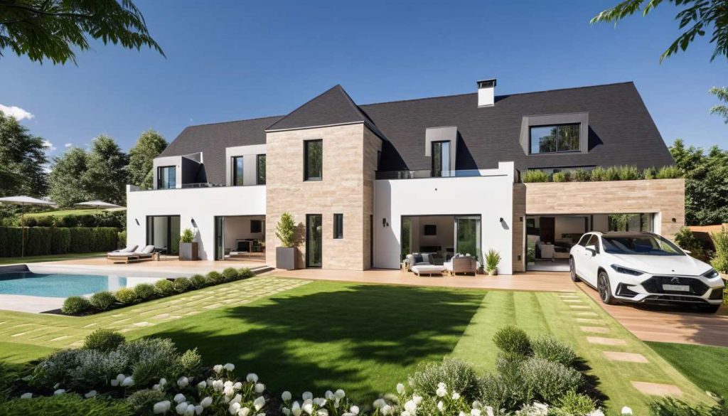 Manoir RC Tourelle, maison de maitre neuve, combles aménagés, avec tourelle, balcon, lucarne toit plat zinc et bardage bois et parement pierre