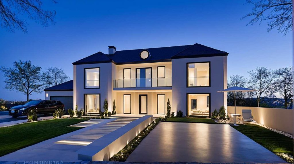 Manoir 5 U - maison de maitre neuve design avec toit 4 pans, balcon, et parement pierre norcturne