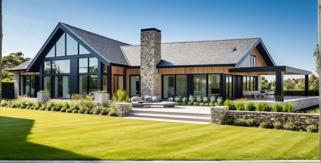Panorama PP L1 - Maison de plain pied en L avec grande baie biseau et bardage bois