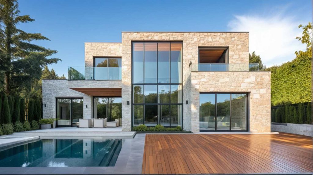Perspective 1 TT - Maison d'architecte moderne design, baie toute hauteur, balcon, parement pierre