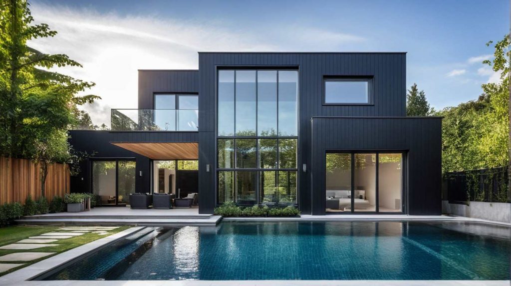 Perspective 1 TT - Maison d'architecte moderne design, baie toute hauteur, balcon, bardage anthracite