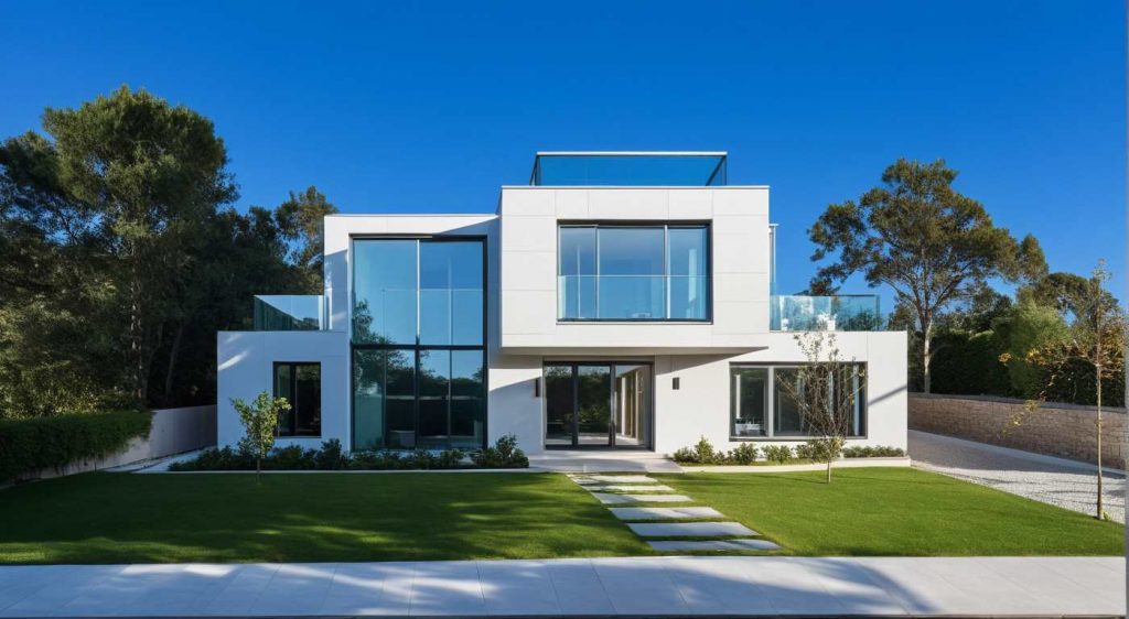 Perspective 2 - Maison Toit Plat avec Baie toute hauteur et avancée suspendu et enduit blanc