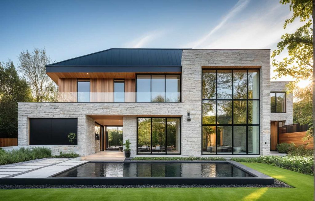 Perspective 3 TT - Maison 4 pans et Toit Plat Terrasse, Balcon, Baie toute hauteur type verriere atelier, parement pierre et bardage bois