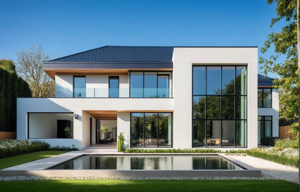 Perspective 3 TT - Maison 4 pans et Toit Plat Terrasse, Balcon, Baie toute hauteur type verriere atelier et enduit blanc