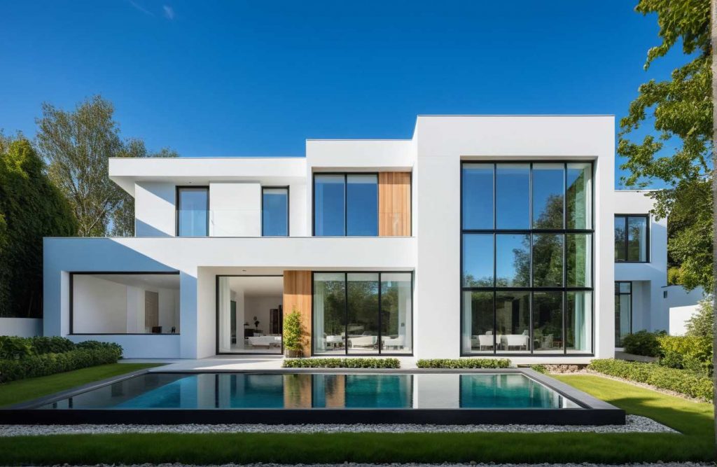 Perspective 3 TT - Maison Toit Terrasse, Balcon, Baie toute hauteur type verriere atelier, enduit blanc