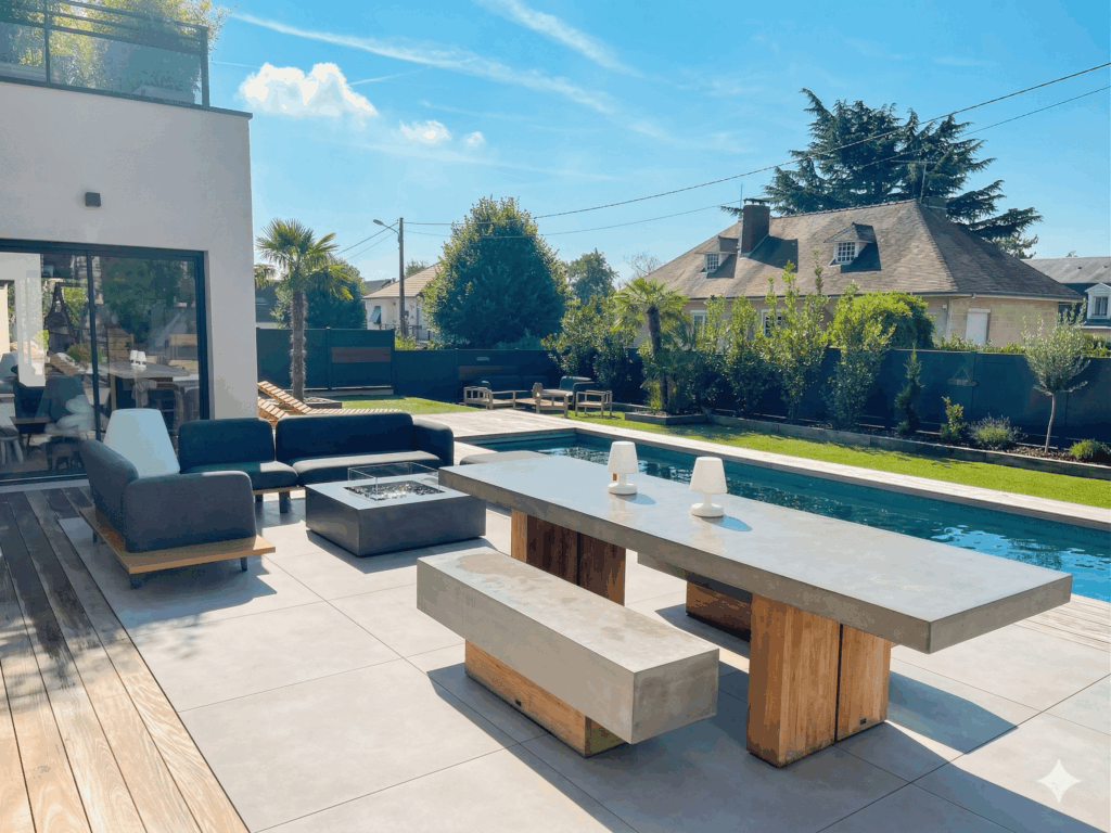 Terrasse et Piscine - Designer Constructeur d'une Maison d'Architecte Bois et Brique Toit Plat Terrasse Maison HL à Saint Nom la Breteche Feucherolles Crespieres