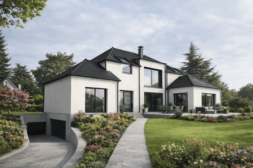 94 Cilla Santeny (2) - chantier fini (vu modifié avec ia) - constructeur maison architecte sur mesure 4 pans moderne