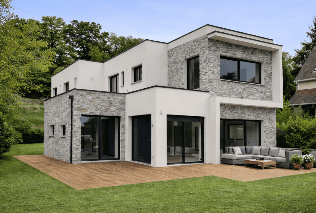 Maison A - Maison Architecte Moderne Toit Plat Terrasse Accessible - Enduit et Pierre (4)